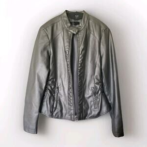 Baccini Vegan Leather Jacket Petite M Gray Eyelet Shoulders Ruched Accents Retro